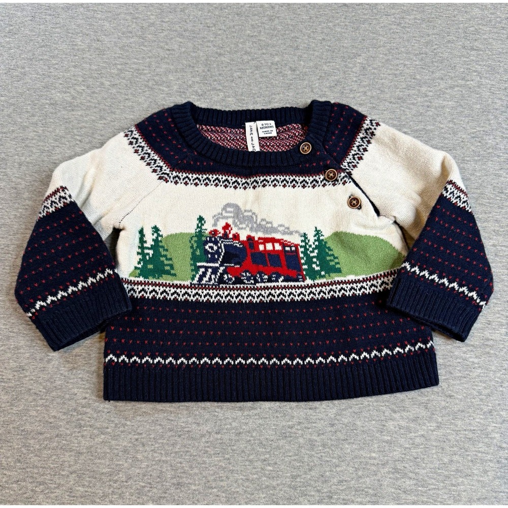 Janie and Jack 0-3M 100% Cotton Knit Train Fair Isle Pullover Sweater Navy